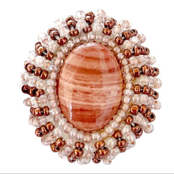 Vtg hand beaded Banded Agate earrings pierced crystal ab copper glass bead - Picture 5 of 9